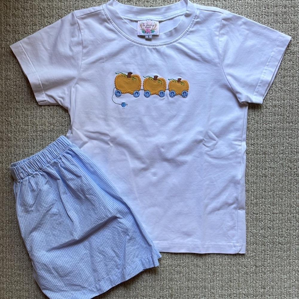 The Smocking Place pumpkin appliqué top and shorts set, size 5